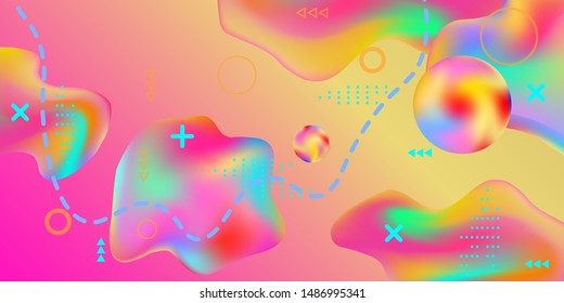Modern design poster with 3d flow shape. Bright smooth mesh is blurred by a futuristic pattern in pink, blue, green, yellow, purple tones. Gradients waves music background.