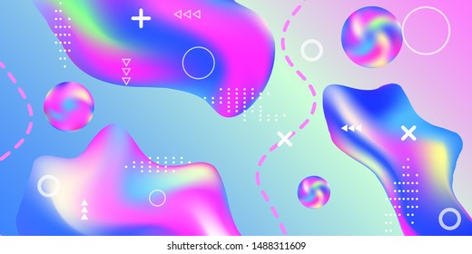Modern design poster with 3d flow shape. Bright smooth mesh is blurred by a futuristic pattern in pink, blue, green, yellow, purple tones. Trendy creative vector cosmic gradient. 