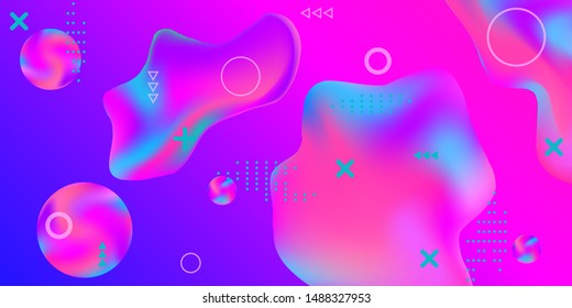 Modern design poster with 3d flow shape. Bright smooth mesh is blurred by a futuristic pattern in pink, blue, green, yellow, purple tones. Trendy creative vector cosmic gradient. 