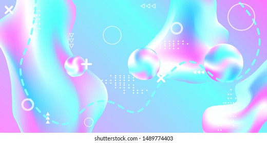 Modern design poster with 3d flow shape. Bright smooth mesh is blurred by a futuristic pattern in pink, blue, purple tones. Gentle serene background. Colorful rainbow gradient.  