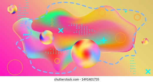 Modern design poster with 3d flow shape. Bright smooth mesh is blurred by a futuristic pattern in pink, blue, green, yellow, purple tones. Gradients waves music background.