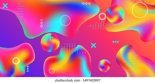 Modern design poster with 3d flow shape. Bright smooth mesh is blurred by a futuristic pattern in pink, blue, green, yellow, purple tones. Colorful rainbow gradient.  
