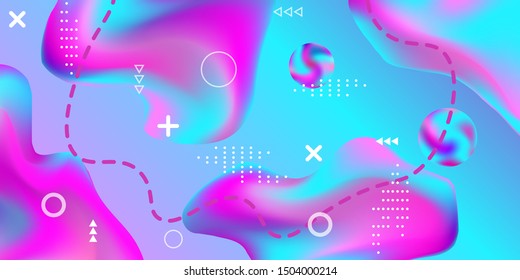 Modern design poster with 3d flow shape. Bright smooth mesh is blurred by a futuristic pattern in pink, blue, green, yellow, purple tones. Colorful rainbow gradient.  