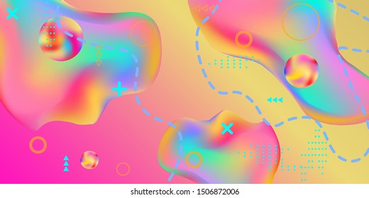 Modern design poster with 3d flow shape. Bright smooth mesh is blurred by a futuristic pattern in pink, blue, green, yellow, purple tones. Gradients waves music background.