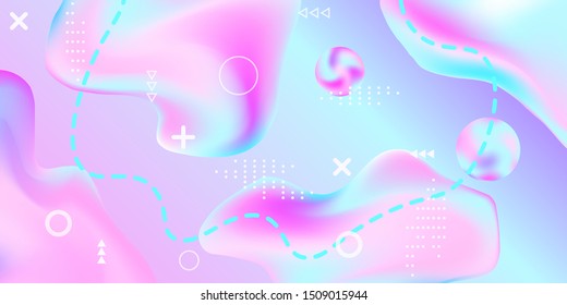 Modern design poster with 3d flow shape. Bright smooth mesh is blurred by a futuristic pattern in pink, blue, purple tones. Gentle serene background. Trendy creative vector cosmic gradient. 
