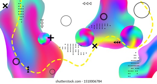 Modern design poster with 3d flow shape. Bright smooth mesh is blurred by a futuristic pattern in pink, blue, green, yellow, purple tones. Gradients waves music background.