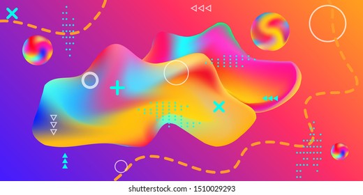 Modern design poster with 3d flow shape. Bright smooth mesh is blurred by a futuristic pattern in pink, blue, green, yellow, purple tones. Colorful rainbow gradient.  
