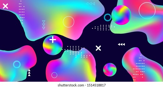 Modern design poster with 3d flow shape. Bright smooth mesh is blurred by a futuristic pattern in pink, blue, green, yellow, purple tones. Gradients waves music background.