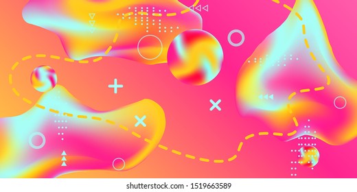 Modern design poster with 3d flow shape. Bright smooth mesh is blurred by a futuristic pattern in pink, blue, green, yellow, purple tones. Gradients waves music background.