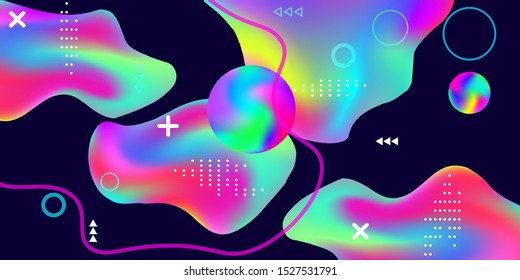 Modern design poster with 3d flow shape. Bright smooth mesh is blurred by a futuristic pattern in pink, blue, green, yellow, purple tones. Gradients waves music background.