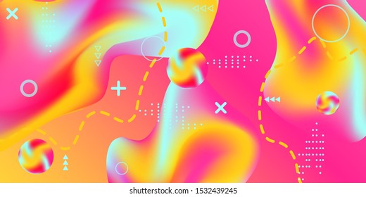 Modern design poster with 3d flow shape. Bright smooth mesh is blurred by a futuristic pattern in pink, blue, green, yellow, purple tones. Gradients waves music background.