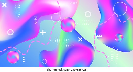 Modern design poster with 3d flow shape. Bright smooth mesh is blurred by a futuristic pattern in pink, blue, green, yellow, purple tones. Gradients waves music background.