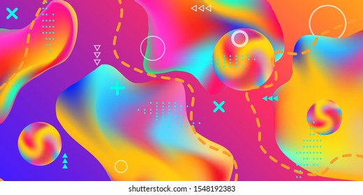 Modern design poster with 3d flow shape. Bright smooth mesh is blurred by a futuristic pattern in pink, blue, green, yellow, purple tones. Colorful rainbow gradient.  