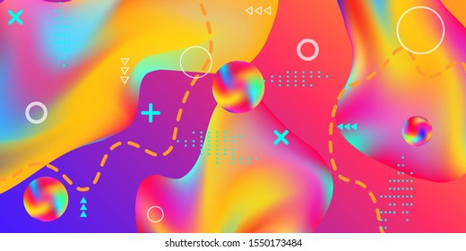 Modern design poster with 3d flow shape. Bright smooth mesh is blurred by a futuristic pattern in pink, blue, green, yellow, purple tones. Gradients waves music background.