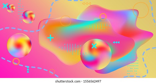 Modern design poster with 3d flow shape. Bright smooth mesh is blurred by a futuristic pattern in pink, blue, green, yellow, purple tones. Gradients waves music background.