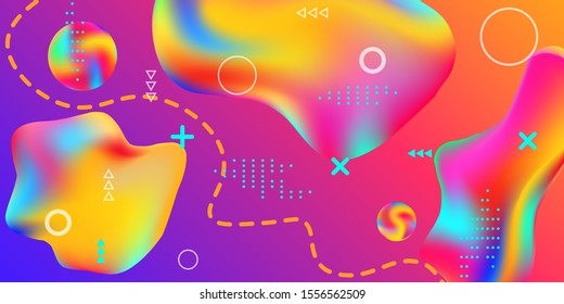 Modern design poster with 3d flow shape. Bright smooth mesh is blurred by a futuristic pattern in pink, blue, green, yellow, purple tones. Colorful rainbow gradient.  