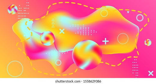 Modern design poster with 3d flow shape. Bright smooth mesh is blurred by a futuristic pattern in pink, blue, green, yellow, purple tones. Gradients waves music background.