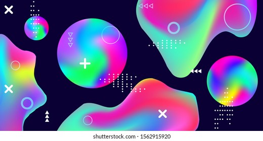 Modern design poster with 3d flow shape. Bright smooth mesh is blurred by a futuristic pattern in pink, blue, green, yellow, purple tones. Gradients waves music background.