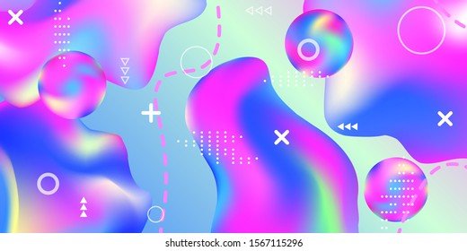 Modern design poster with 3d flow shape. Bright smooth mesh is blurred by a futuristic pattern in pink, blue, green, yellow, purple tones. Trendy creative vector cosmic gradient. 