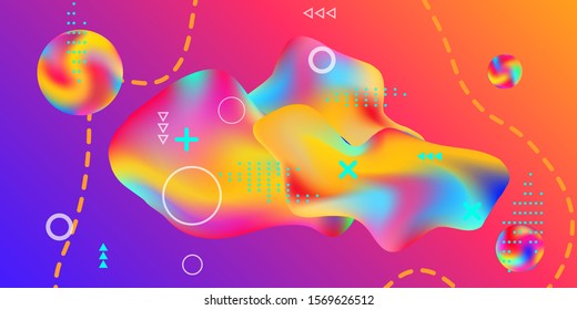 Modern design poster with 3d flow shape. Bright smooth mesh is blurred by a futuristic pattern in pink, blue, green, yellow, purple tones. Trendy creative vector cosmic gradient. 