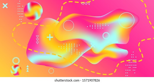 Modern design poster with 3d flow shape. Bright smooth mesh is blurred by a futuristic pattern in pink, blue, green, yellow, purple tones. Gradients waves music background.
