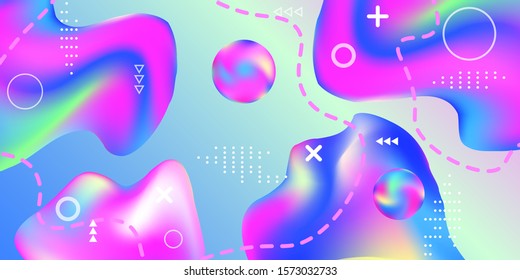 Modern design poster with 3d flow shape. Bright smooth mesh is blurred by a futuristic pattern in pink, blue, green, yellow, purple tones. Gradients waves music background.
