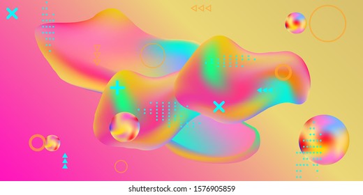 Modern design poster with 3d flow shape. Bright smooth mesh is blurred by a futuristic pattern in pink, blue, green, yellow, purple tones. Gradients waves music background.