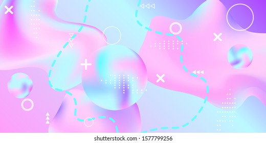 Modern design poster with 3d flow shape. Bright smooth mesh is blurred by a futuristic pattern in pink, blue, purple tones. Gentle serene background. Colorful rainbow gradient.  