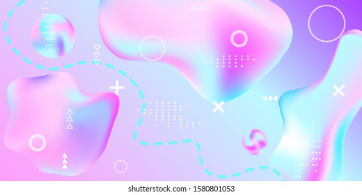 Modern design poster with 3d flow shape. Bright smooth mesh is blurred by a futuristic pattern in pink, blue, purple tones. Gentle serene background. Colorful rainbow gradient.  