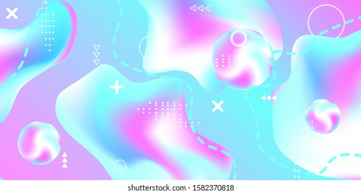 Modern design poster with 3d flow shape. Bright smooth mesh is blurred by a futuristic pattern in pink, blue, purple tones. Gentle serene background. Colorful rainbow gradient.  