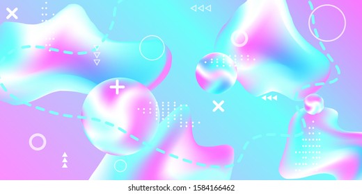 Modern design poster with 3d flow shape. Bright smooth mesh is blurred by a futuristic pattern in pink, blue, purple tones. Gentle serene background. Trendy creative vector cosmic gradient. 