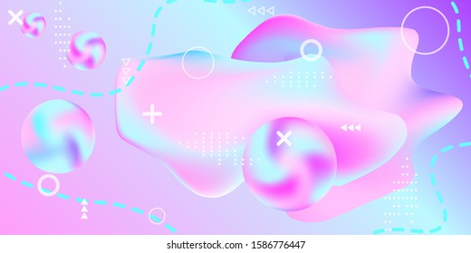 Modern design poster with 3d flow shape. Bright smooth mesh is blurred by a futuristic pattern in pink, blue, purple tones. Gentle serene background. Colorful rainbow gradient.  