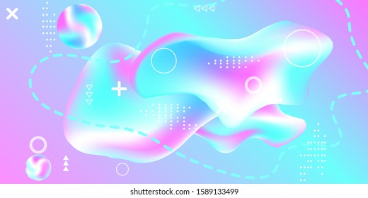 Modern design poster with 3d flow shape. Bright smooth mesh is blurred by a futuristic pattern in pink, blue, purple tones. Gentle serene background. Trendy creative vector cosmic gradient. 