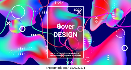 Modern design poster with 3d flow shape. Bright smooth mesh is blurred by a futuristic pattern in pink, blue, green, yellow, purple tones.  Minimal geometric cover.