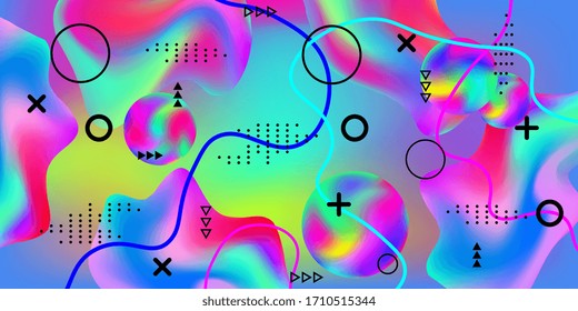 Modernes Design-Poster mit 3D-Fließform.  Minimales Stilkonzept. Farbiger abstrakter Hintergrund. Die Farbverläufe schwingen auf musikalischem Hintergrund.