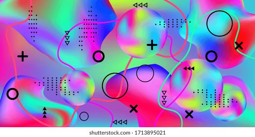 Modern design poster with 3d flow shape. Bright smooth mesh is blurred by a futuristic pattern in pink, blue, green, yellow, purple tones. Trendy creative vector cosmic gradient.