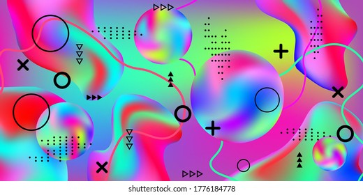 Modern design poster with 3d flow shape. Bright smooth mesh is blurred by a futuristic pattern in pink, blue, green, yellow, purple tones. Trendy creative vector cosmic gradient.