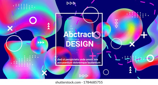 Modern design poster with 3d flow shape. Bright smooth mesh is blurred by a futuristic pattern in pink, blue, green, yellow, purple tones.  Minimal geometric cover.