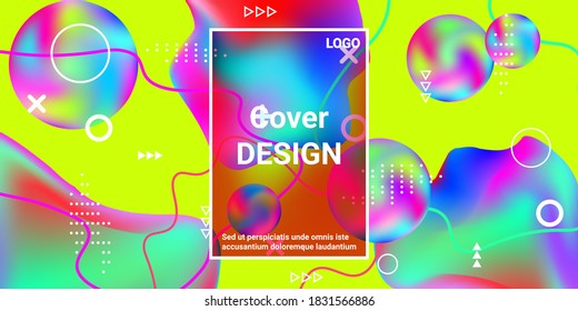 Modern design poster with 3d flow shape. Bright smooth mesh is blurred by a futuristic pattern in pink, blue, green, yellow, purple tones.  Minimal geometric cover.
