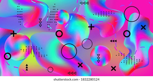 Afiche de diseño moderno con forma de flujo 3d. La malla suave y brillante se desdibuja con un patrón futurista en tonos rosa, azul, verde, amarillo y violeta. Los graduados agitan el fondo musical.