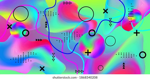 Modern design poster with 3d flow shape. Bright smooth mesh is blurred by a futuristic pattern in pink, blue, green, yellow, purple tones. Gradients waves music background.