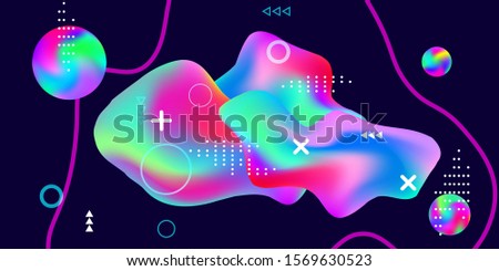 Modern design poster with 3d flow shape. Bright smooth mesh is blurred by a futuristic pattern in pink, blue, green, yellow, purple tones. Gradients waves music background.