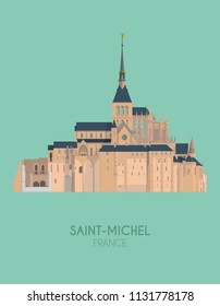Modern design poster with colorful background of Mount Saint-Michel (France). Vector illustration