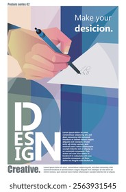 Modern design poster featuring a hand writing with a pen. Abstract geometric shapes and bold text. Ideal for creative projects, branding, and promotions. Vector illustration