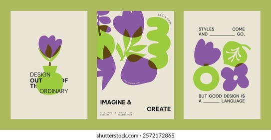 Modern design posters with bold colors, abstract shapes, and motivational text. Design emphasizes creativity, boldness, and abstract elements. Creative floral poster template vector set.