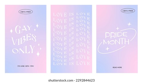 Modern design for Pride Month card, banner. Set of trendy minimalist queer aesthetic posters with gradients shapes. LGBTQ y2k backgrounds or stories templates for social media. Vector illustration.