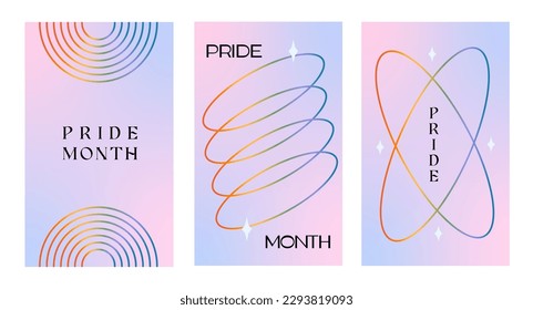 Modern design for Pride Month card, banner. Set of trendy minimalist queer aesthetic posters with gradients shapes. LGBTQ y2k backgrounds or stories templates for social media. Vector illustration.