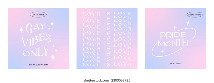 Modern design for Pride Month card, square banner. Set of trendy minimalist queer aesthetic posters with gradients shapes. LGBTQ y2k backgrounds or post templates for social media. Vector illustration