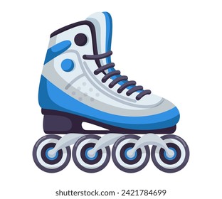 Modern design roller skates. Simple cartoon vector illustration of wheels kid sport shoes. Sport or casual inline skates isolated on white background. Skating roller for sports adrenaline games.