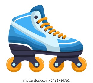 Modern design roller skates. Simple cartoon vector illustration of wheels kid sport shoes. Sport or casual inline skates isolated on white background. Skating roller for sports adrenaline games.